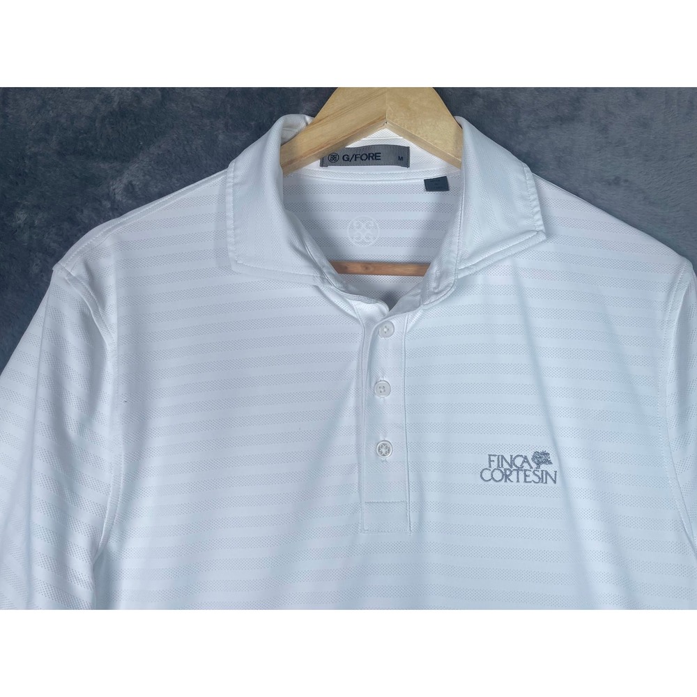 G/FORE Mens Medium Finca Cortesin Golf Polo Shirt White Striped Performance